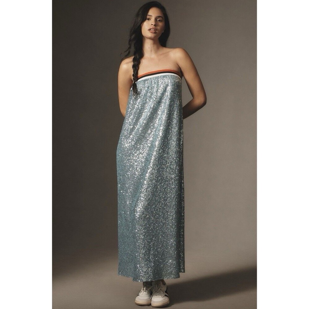 Anthropologie Sunday In Brooklyn Strapless Sequin Midi Dress Sz Md Blue
